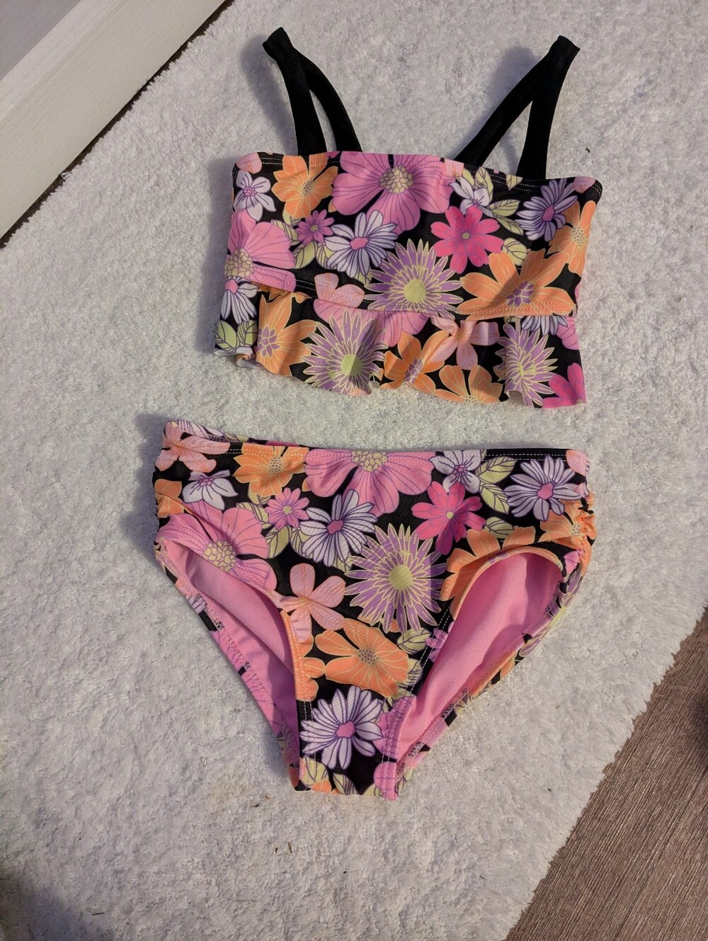 wonder nation Black Floral Two-Piece Swim Set with Pink & Orange Blooms